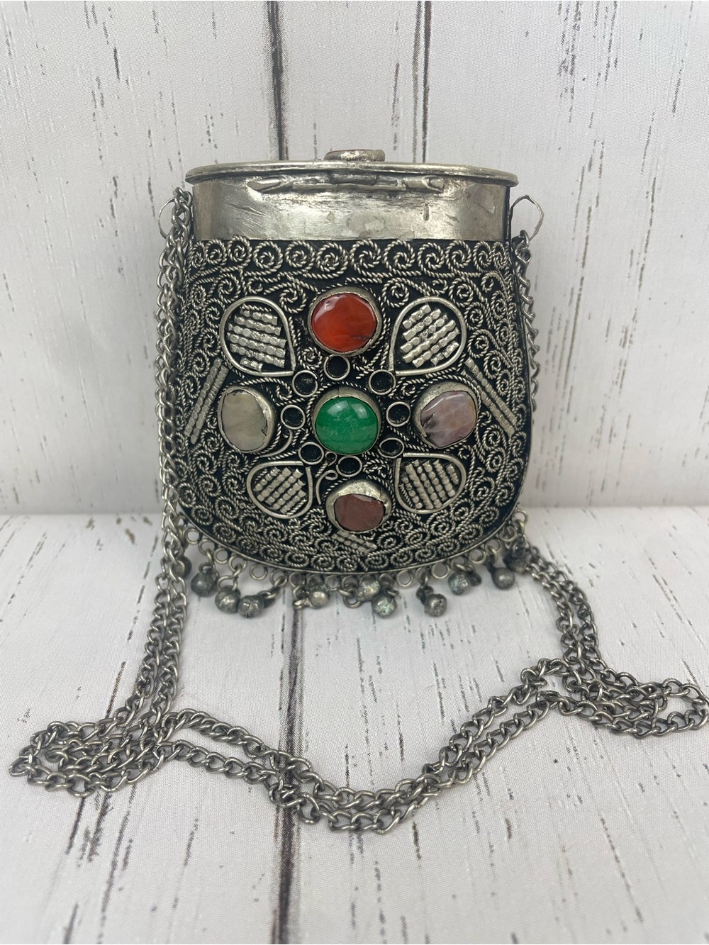 Vintage SAJAI Silver Toned Coin Necklace Purse